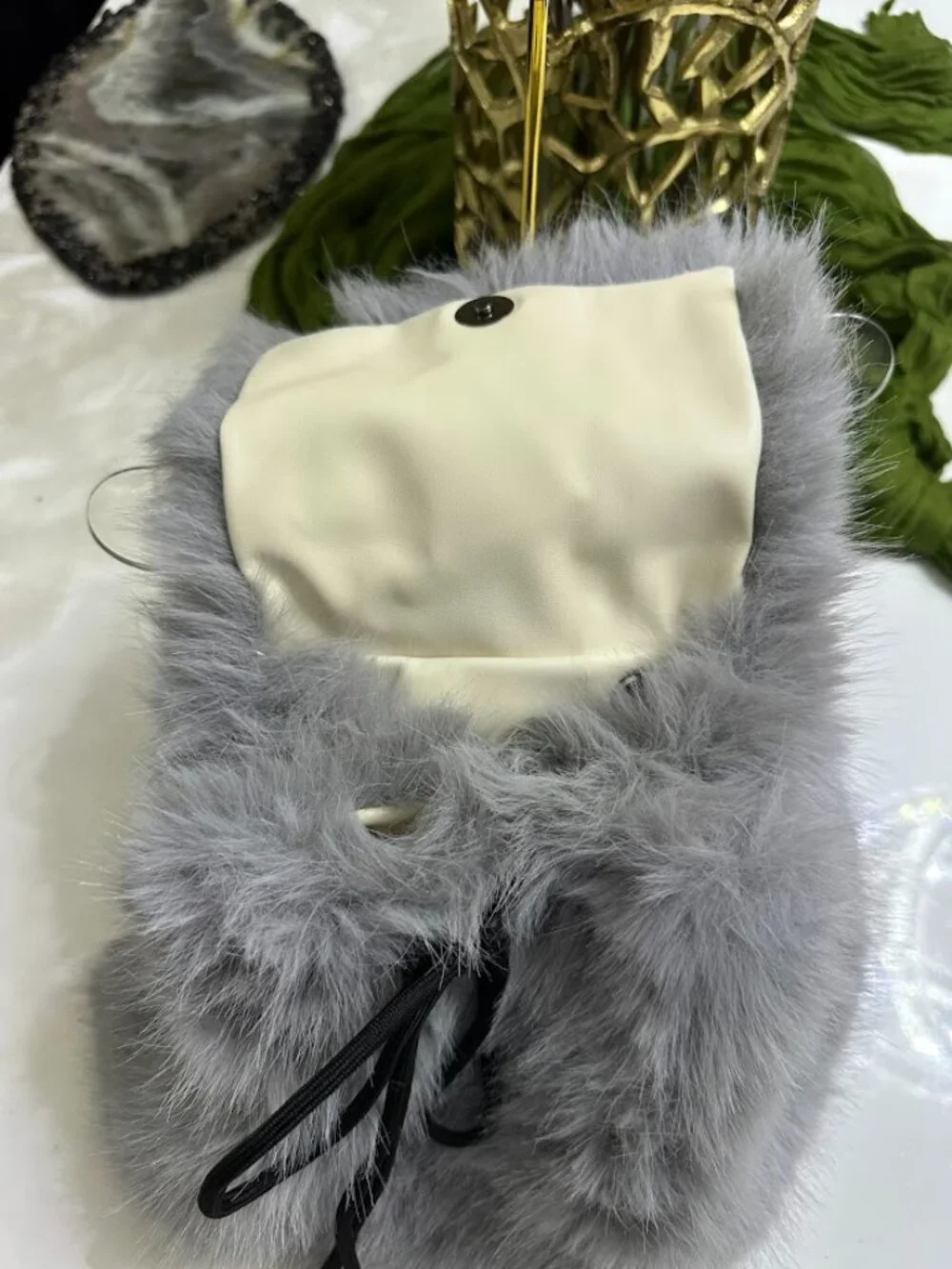 Soft Gray Faux Fur Backpack Plush Winter Drawstring Mini Backpack Cute Cozy Bag